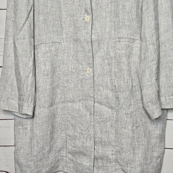 Eileen Fisher Check Print Slub Linen Notched Collar Long Jacket - Picture 4 of 10